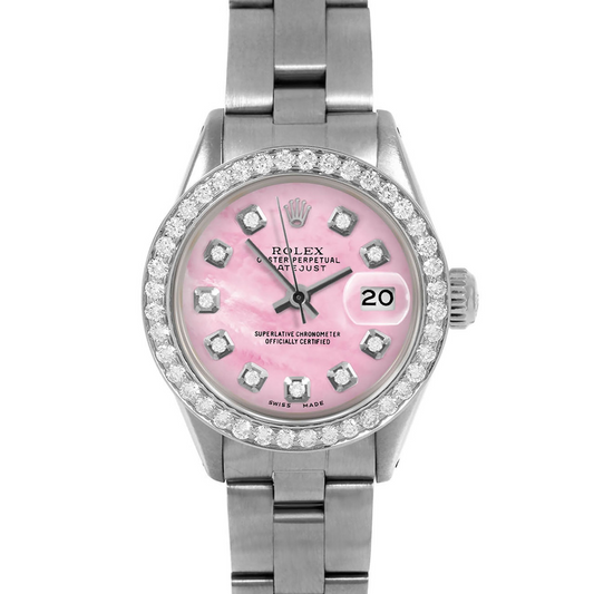 Orologio da donna Datejust Rolex 26 mm con quadrante in madreperla rosa e diamanti, bracciale Oyster in acciaio inossidabile
