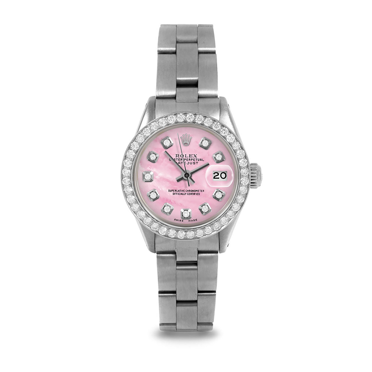 Orologio da donna Datejust Rolex 26 mm con quadrante in madreperla rosa e diamanti, bracciale Oyster in acciaio inossidabile