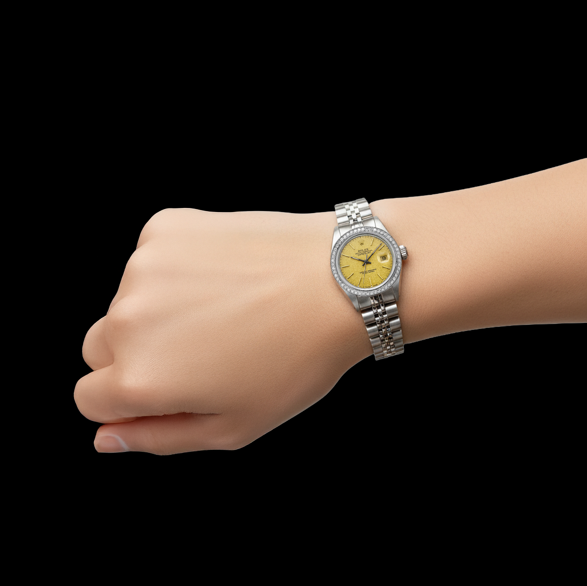 Orologio da donna Datejust con lunetta in diamanti e quadrante a bastoncino giubileo in acciaio inossidabile Rolex P2