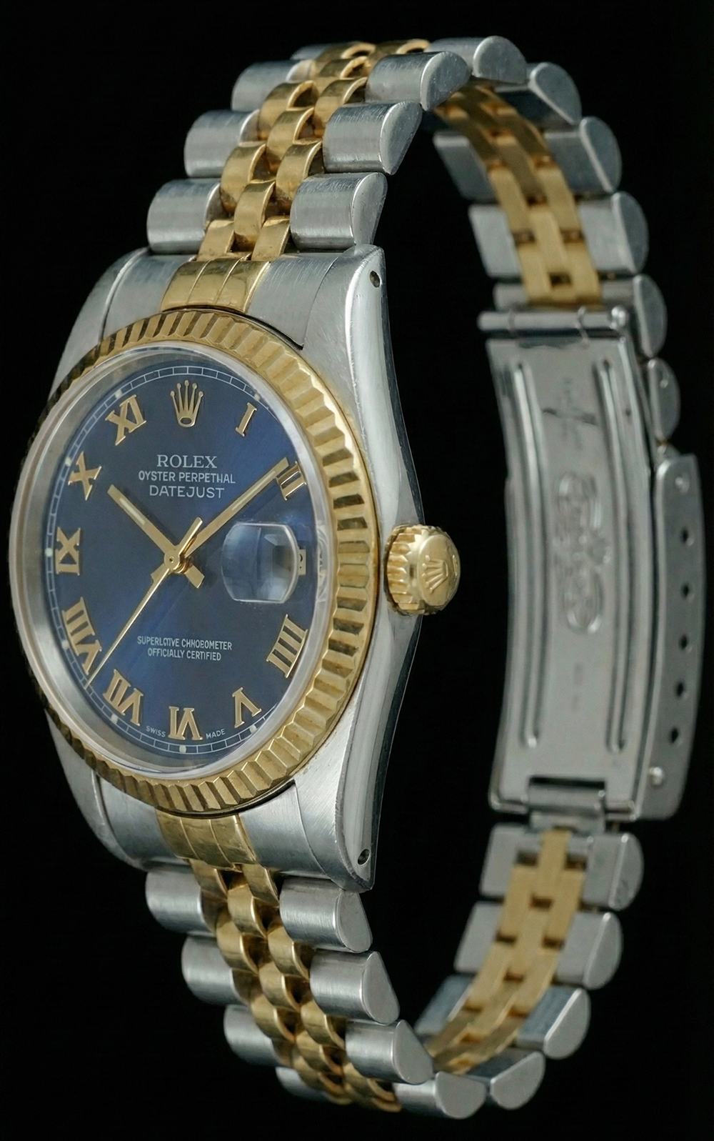 Orologio da donna Datejust con lunetta scanalata bicolore, quadrante blu romano Rolex