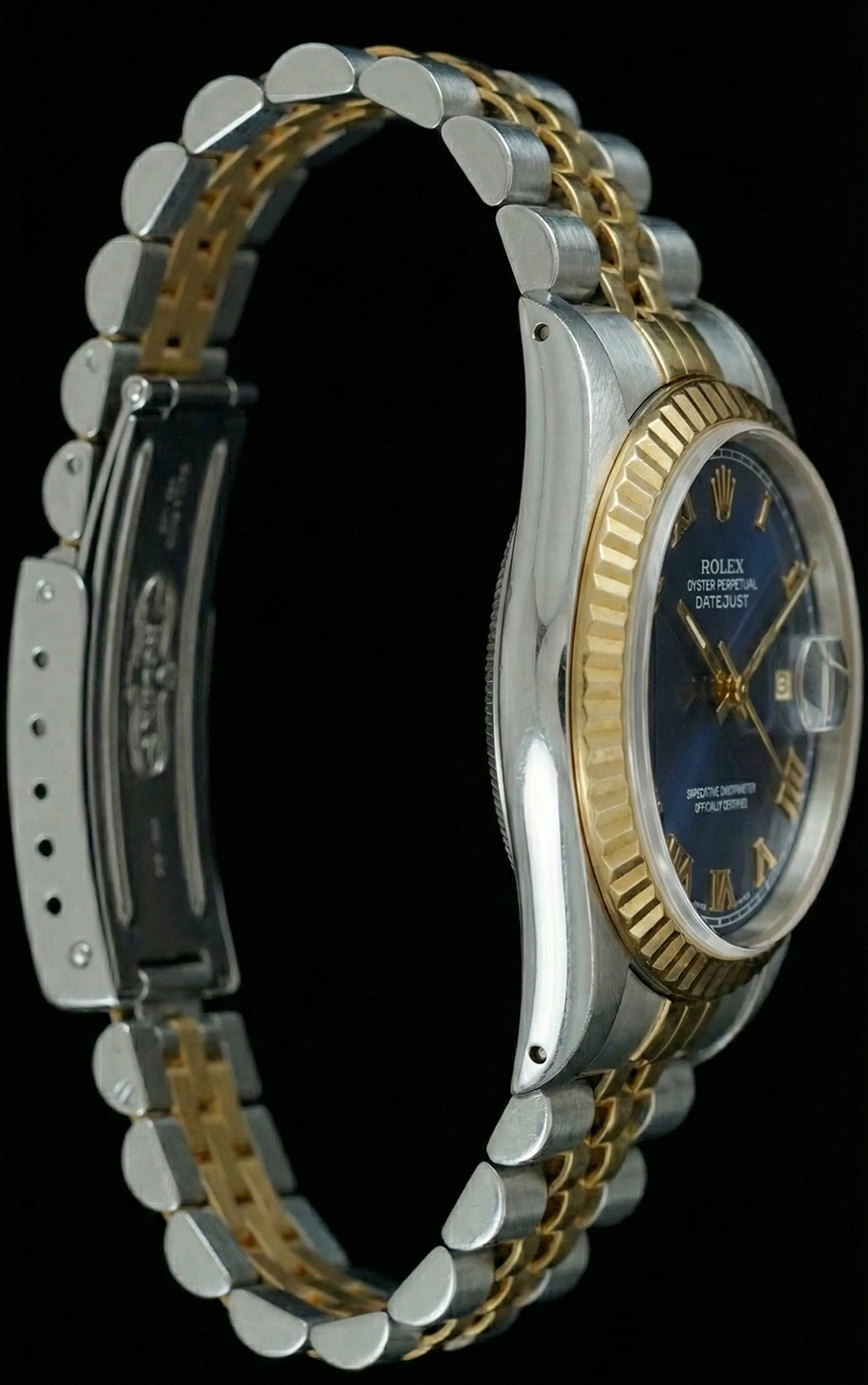 Orologio da donna Datejust con lunetta scanalata bicolore, quadrante blu romano Rolex
