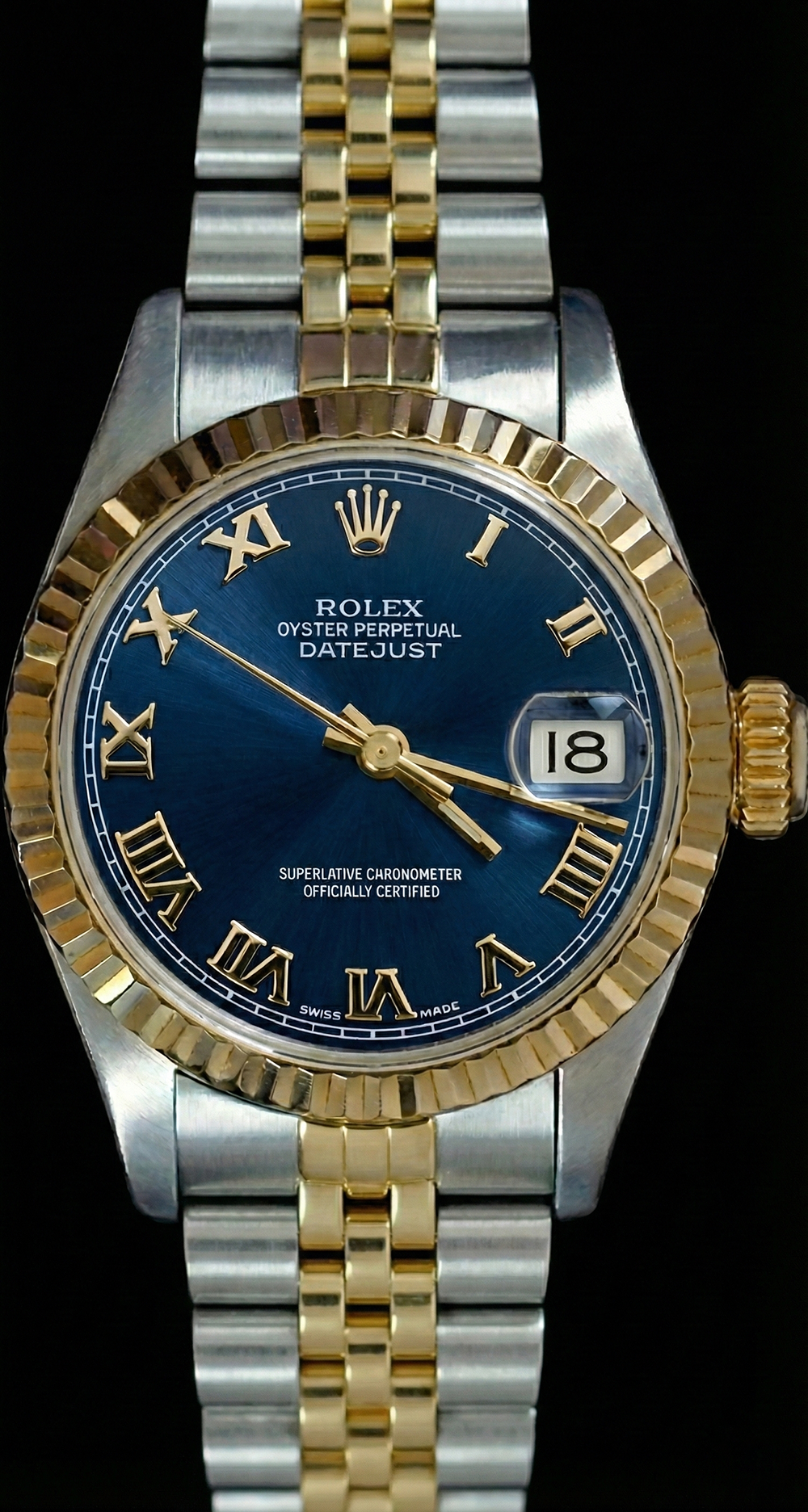 Orologio da donna Datejust con lunetta scanalata bicolore, quadrante blu romano Rolex