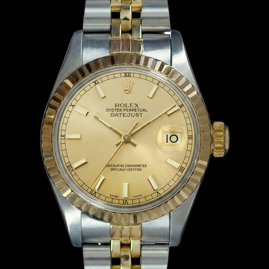 Orologio da donna Datejust in acciaio inossidabile e oro giallo con quadrante champagne e Rolex
