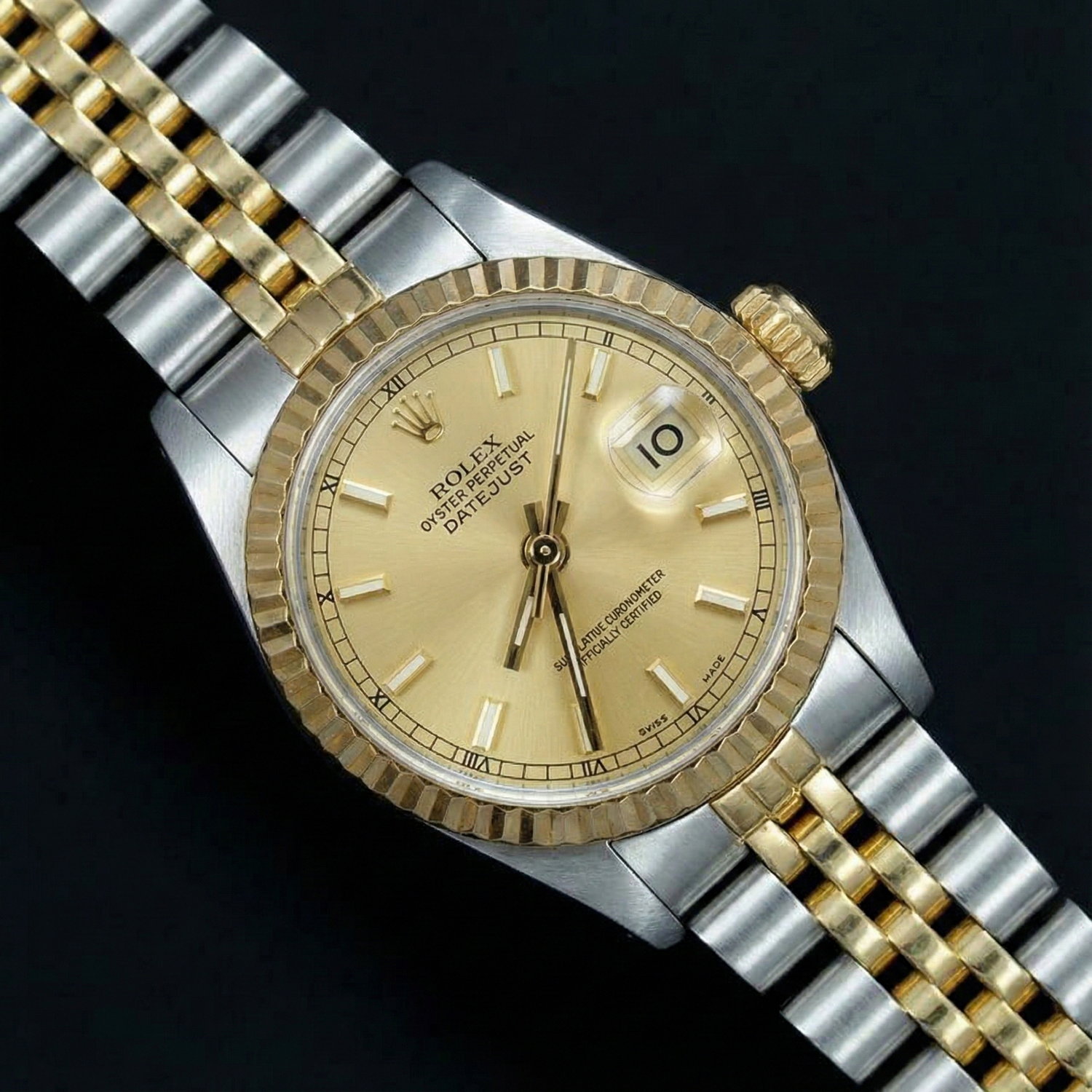 Orologio da donna Datejust in acciaio inossidabile e oro giallo con quadrante champagne e Rolex