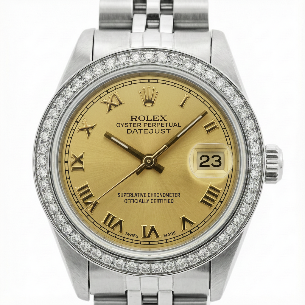 Orologio da donna Datejust in acciaio inossidabile giubileo Rolex con lunetta in diamanti