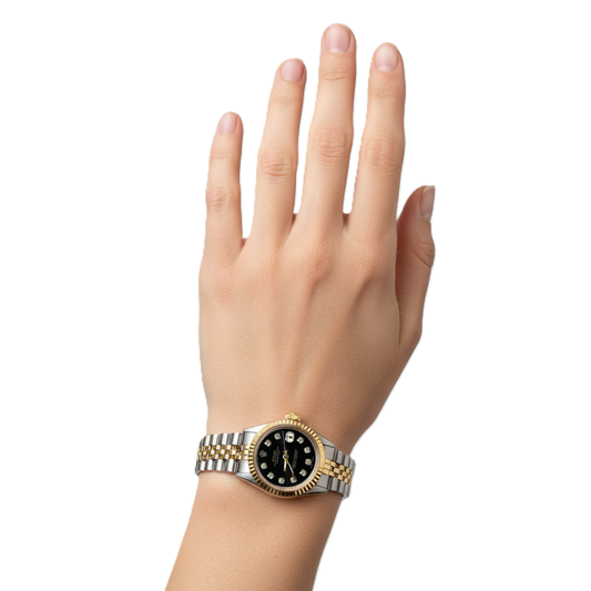 Orologio da donna Datejust scanalato bicolore con quadrante in diamanti neri Rolex