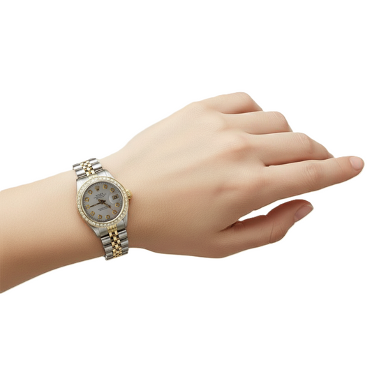 Orologio da donna Rolex Date-Just con quadrante bianco e diamanti, lunetta P2