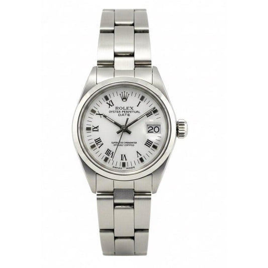 Orologio da donna Rolex Date bianco romano in acciaio inossidabile 26 mm
