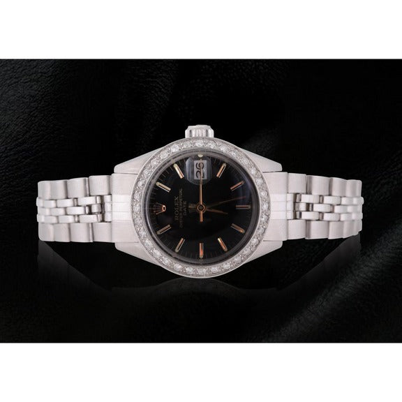 Orologio da donna Rolex Date quadrante nero con diamanti e lunetta in acciaio 