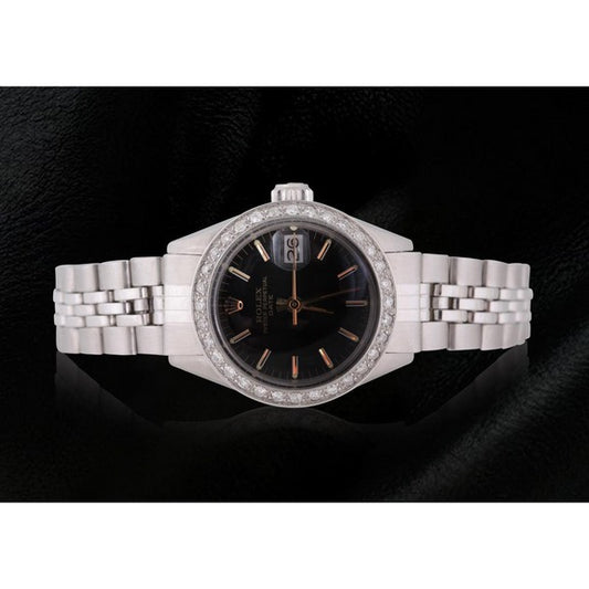 Orologio da donna Rolex Date quadrante nero con diamanti e lunetta in acciaio 