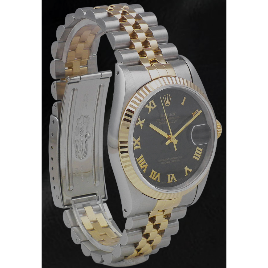 Orologio da donna Rolex Datejust 31 mm bicolore con quadrante nero e numeri romani.