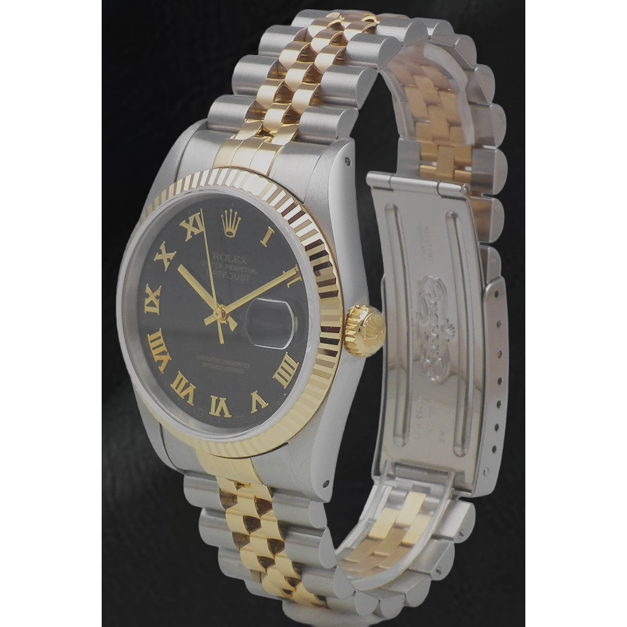 Orologio da donna Rolex Datejust 31 mm bicolore con quadrante nero e numeri romani.