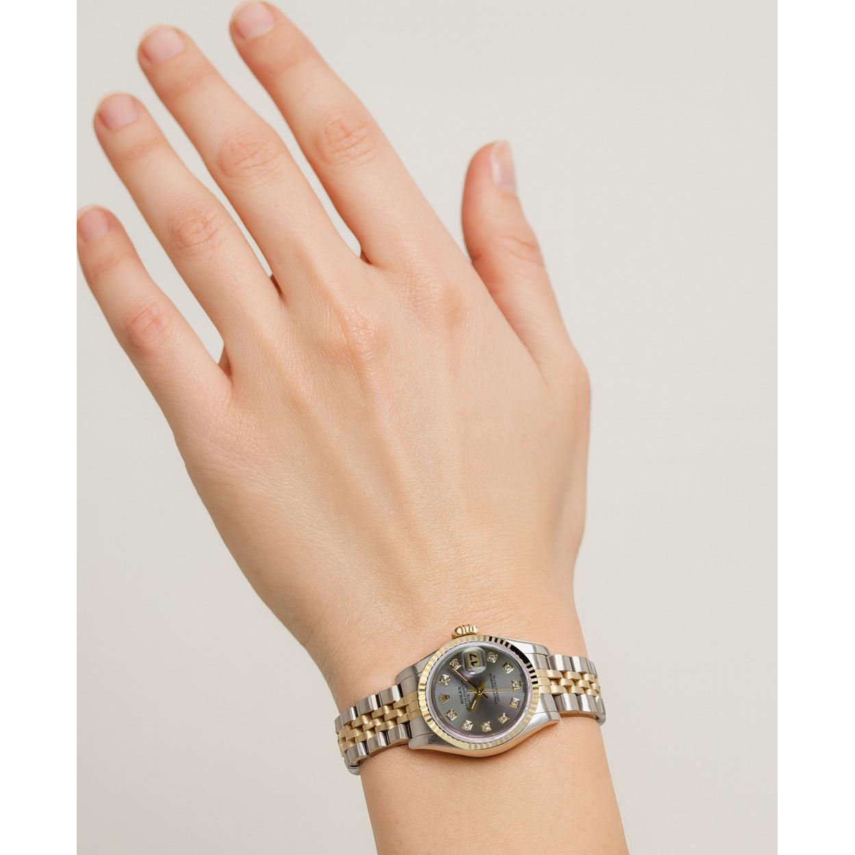 Orologio da donna Rolex Datejust Anno 2001 Quadrante grigio con diamanti 26 mm bicolore P1