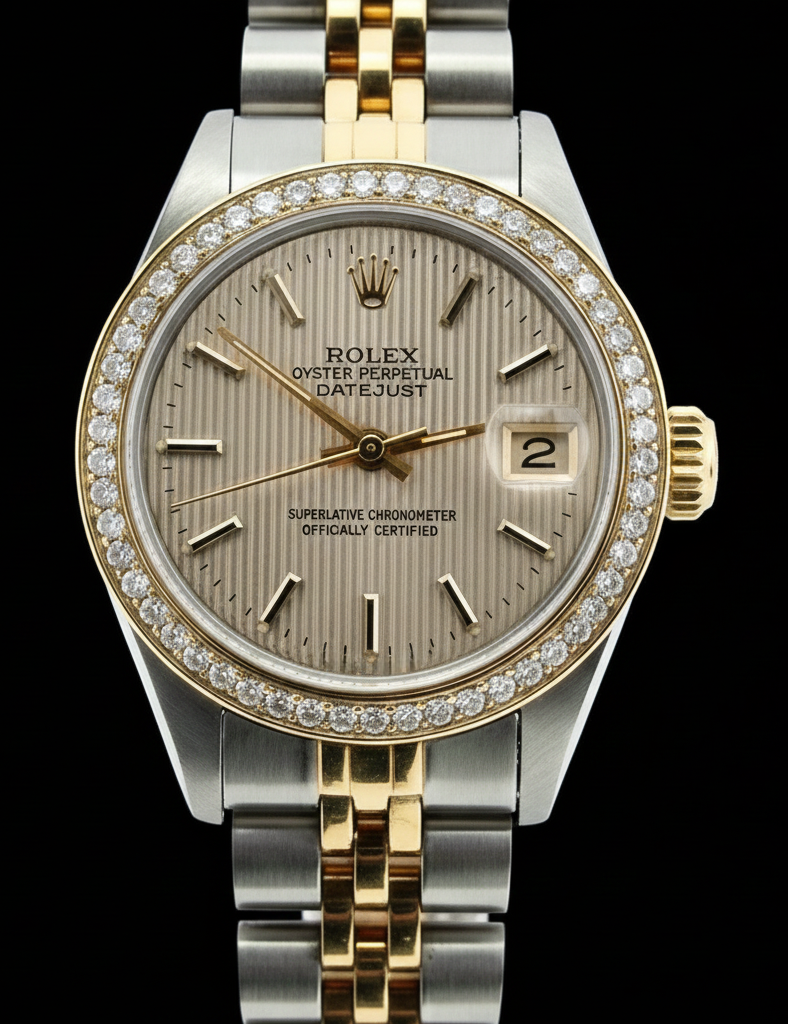 Orologio da donna Rolex Datejust acciaio inossidabile e cinturino giallo con bastone marrone