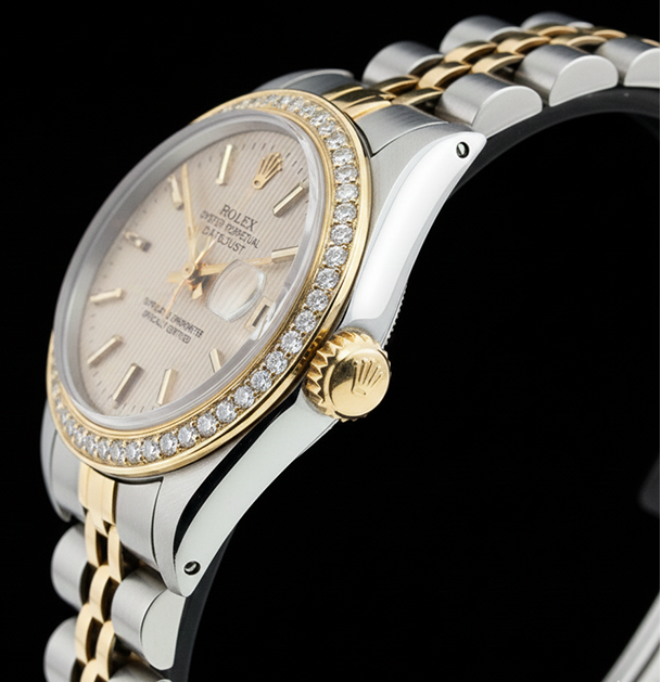 Orologio da donna Rolex Datejust acciaio inossidabile e cinturino giallo con bastone marrone