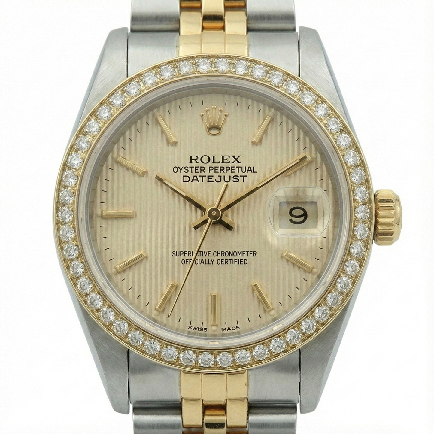 Orologio da donna Rolex Datejust con lunetta in diamanti Tapestry in acciaio inossidabile e oro Jubilee