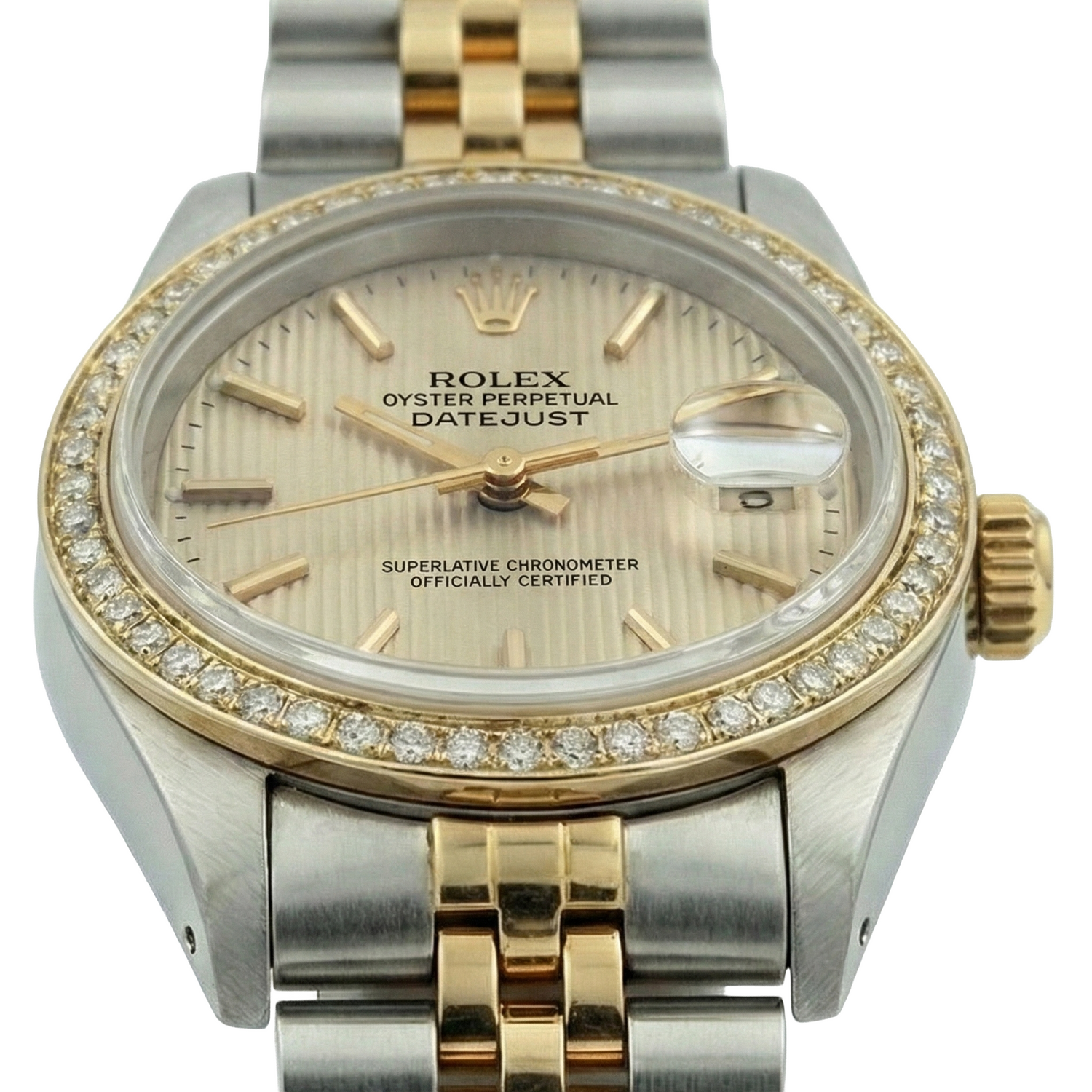 Orologio da donna Rolex Datejust con lunetta in diamanti Tapestry in acciaio inossidabile e oro Jubilee
