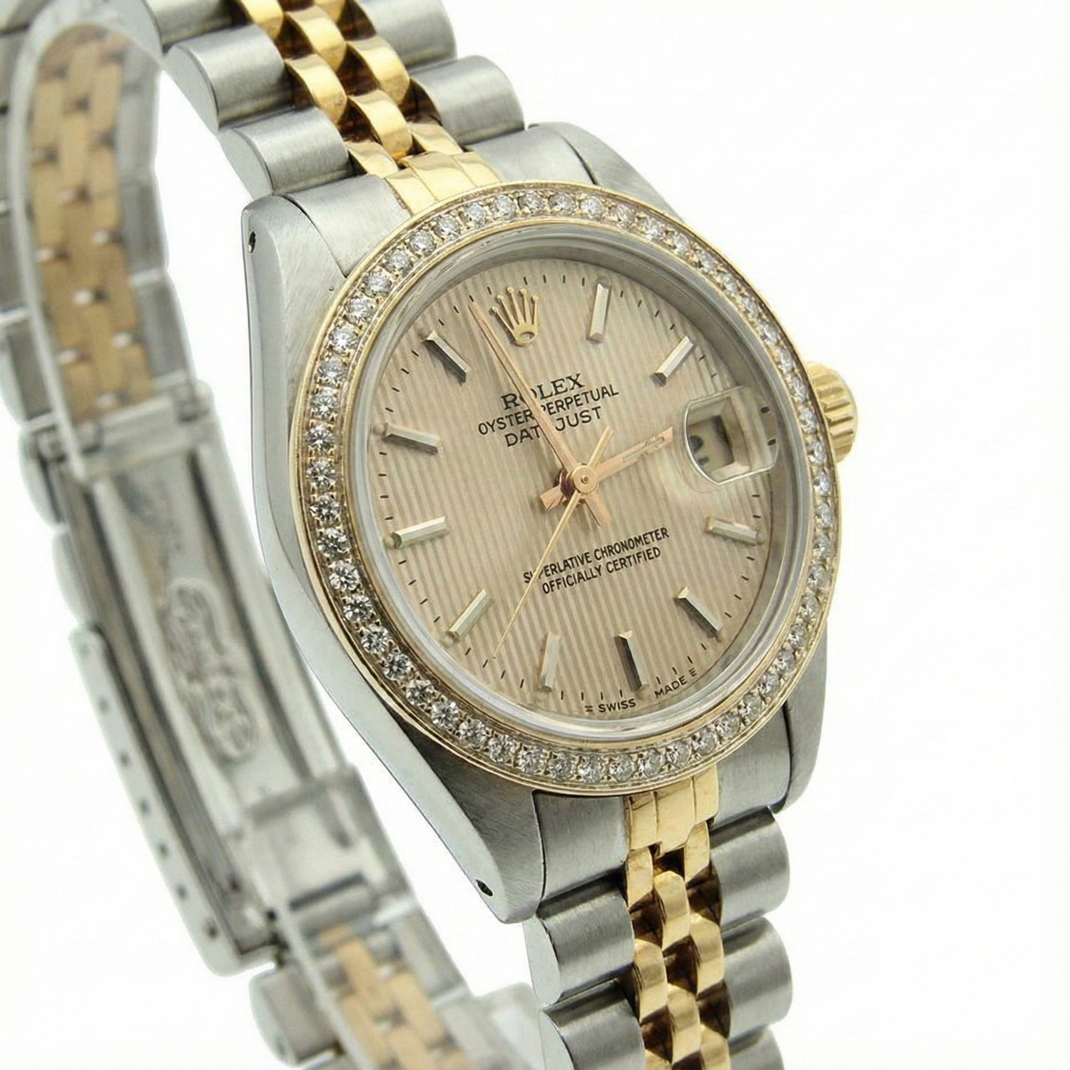 Orologio da donna Rolex Datejust con lunetta in diamanti Tapestry in acciaio inossidabile e oro Jubilee
