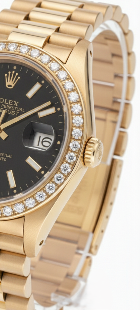 Orologio da donna Rolex Datejust con quadrante a bastoncino in stile presidenziale, lunetta con diamanti
