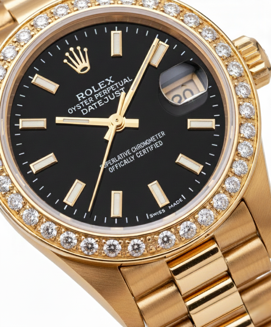 Orologio da donna Rolex Datejust con quadrante a bastoncino in stile presidenziale, lunetta con diamanti