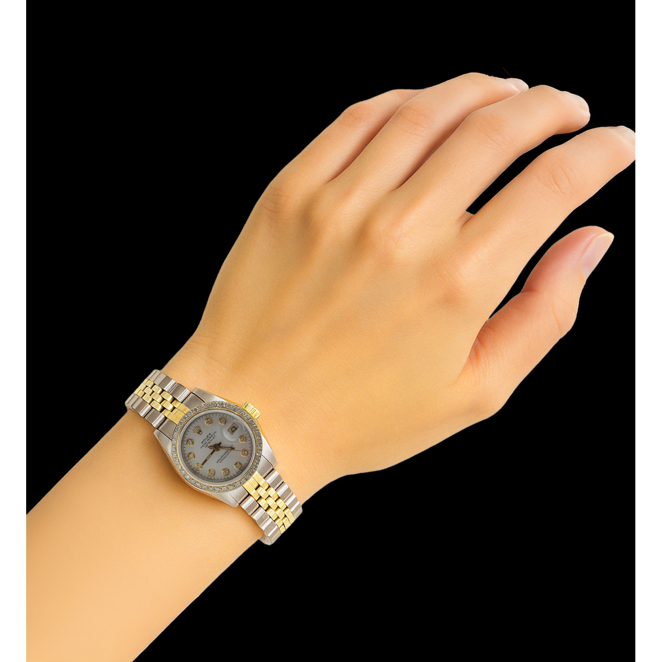 Orologio da donna Rolex Datejust con quadrante bianco e diamanti, lunetta P5