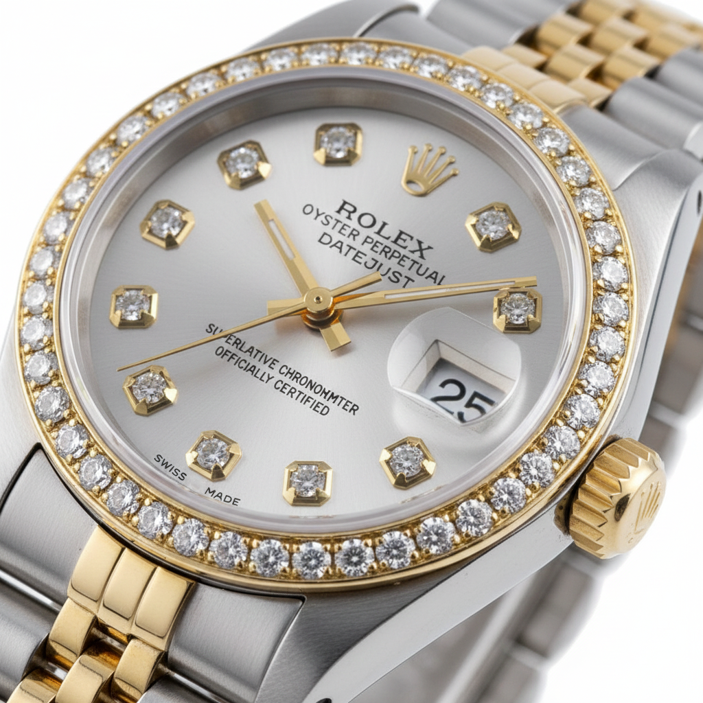 Orologio da donna Rolex Datejust con quadrante in argento e diamanti e bracciale bicolore