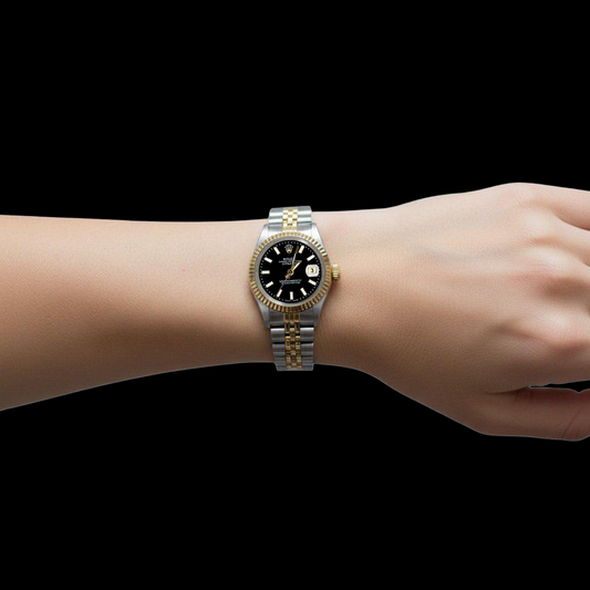 Orologio da donna Rolex Datejust con quadrante nero a bastoncino in acciaio inossidabile e oro giubileo