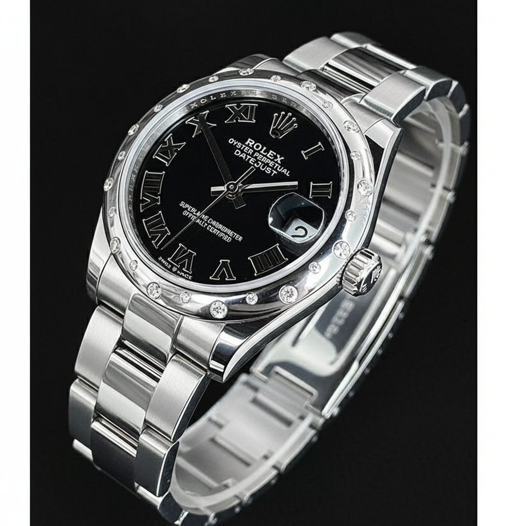 Orologio da donna Rolex Datejust da 31 mm in acciaio inossidabile con diamanti romani neri