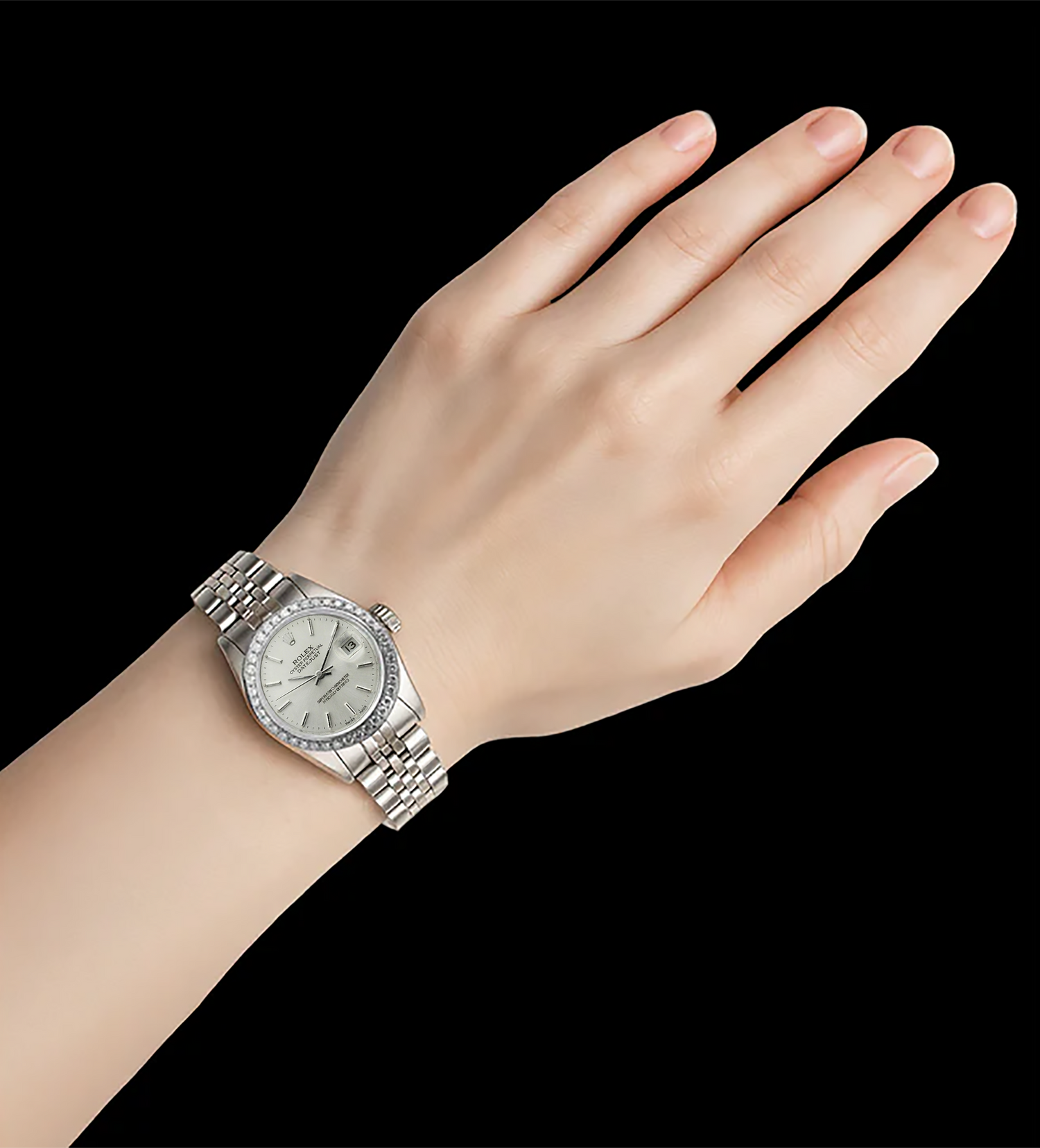 Orologio da donna Rolex Datejust in acciaio inossidabile con lunetta di diamanti bianca