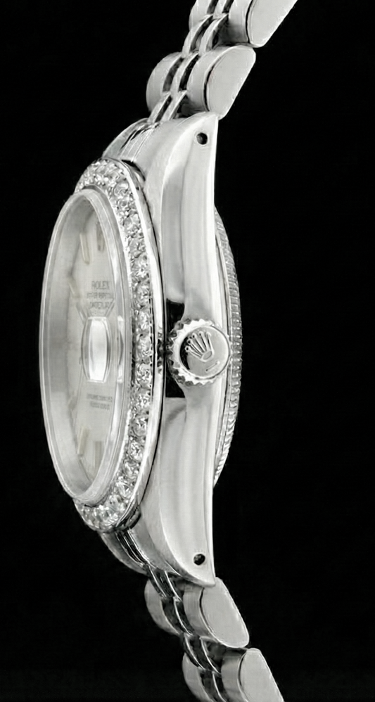 Orologio da donna Rolex Datejust in acciaio inossidabile con lunetta di diamanti bianca