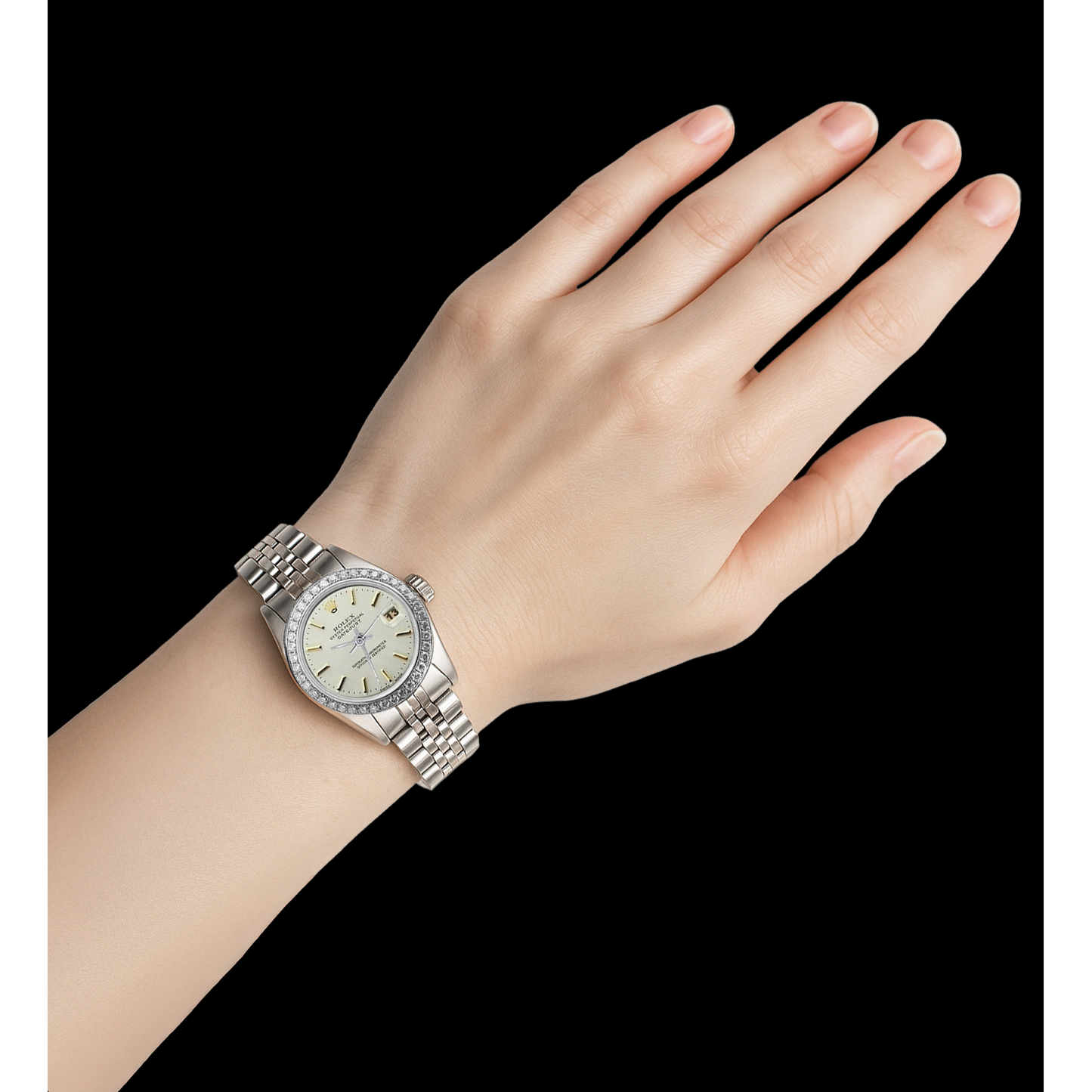 Orologio da donna Rolex Datejust in acciaio inossidabile con lunetta di diamanti bianca P2