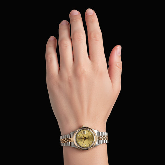 Orologio da donna Rolex Datejust in acciaio inossidabile e giallo con quadrante champagne P2