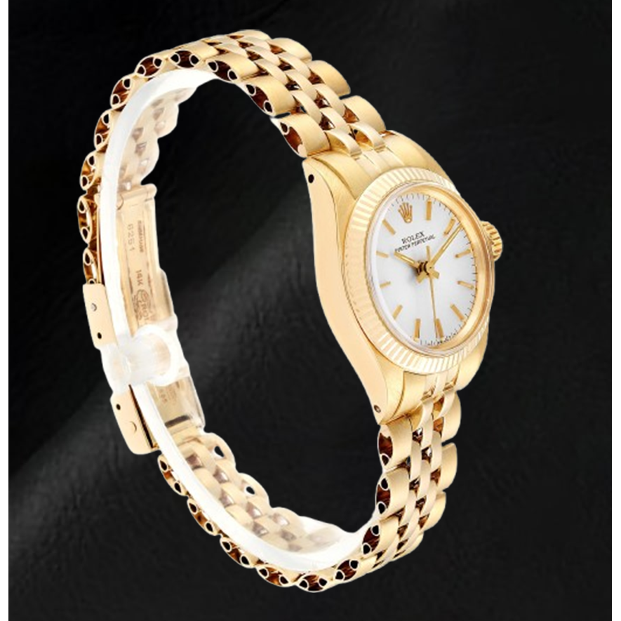 Orologio da donna Rolex Oyster Perpetual Silver Stick Dial 24 mm in oro giallo