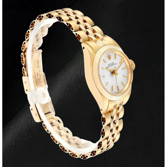 Orologio da donna Rolex Oyster Perpetual Silver Stick Dial 24 mm in oro giallo