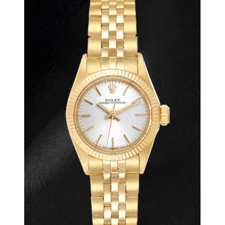 Orologio da donna Rolex Oyster Perpetual Silver Stick Dial 24 mm in oro giallo