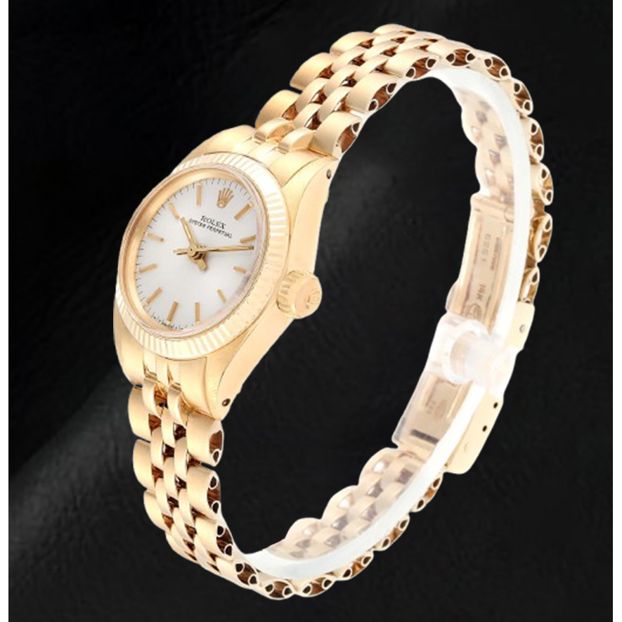 Orologio da donna Rolex Oyster Perpetual Silver Stick Dial 24 mm in oro giallo