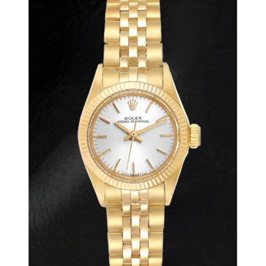 Orologio da donna Rolex Oyster Perpetual Silver Stick Dial 24 mm in oro giallo