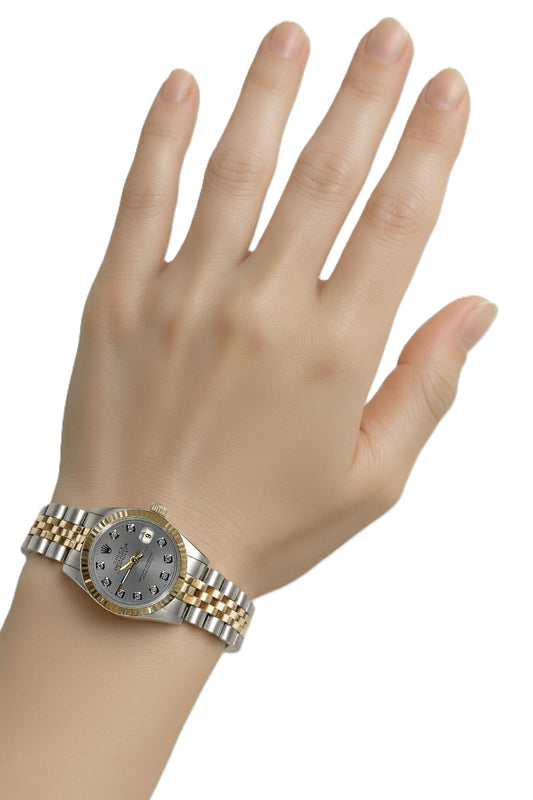 Orologio da donna Rolex Signora Due Toni con quadrante grigio con diamanti Datejust e lunetta P2