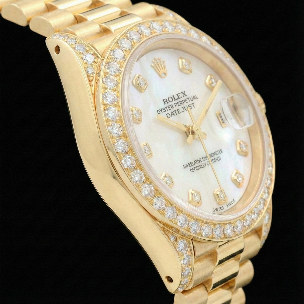 Orologio da donna Rolex Stile presidente in oro giallo con quadrante in madreperla e diamanti