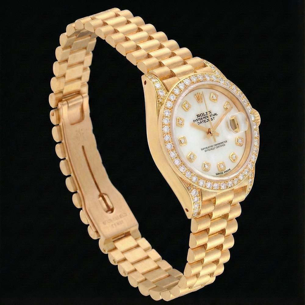 Orologio da donna Rolex Stile presidente in oro giallo con quadrante in madreperla e diamanti