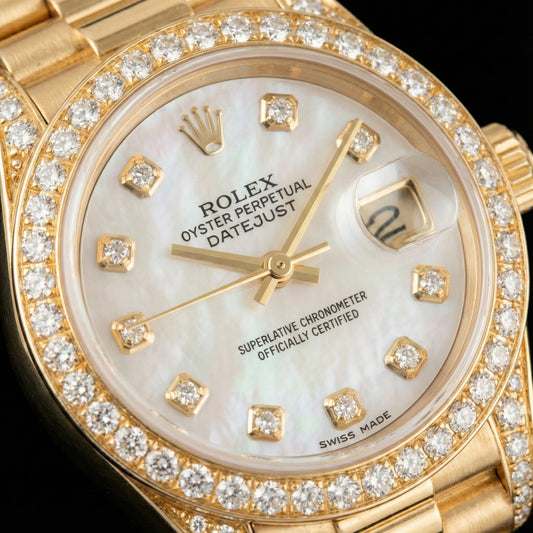 Orologio da donna Rolex Stile presidente in oro giallo con quadrante in madreperla e diamanti