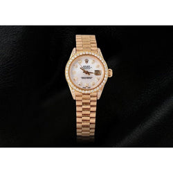 Orologio da donna Rolex Stile presidente in oro giallo con quadrante in madreperla e diamanti