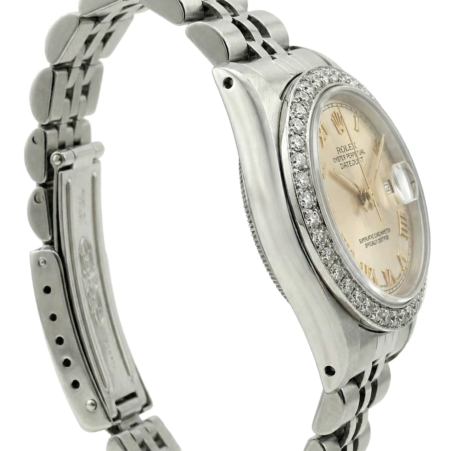 Orologio da donna Rolex con quadrante romano bianco e cinturino in diamanti Datejust
