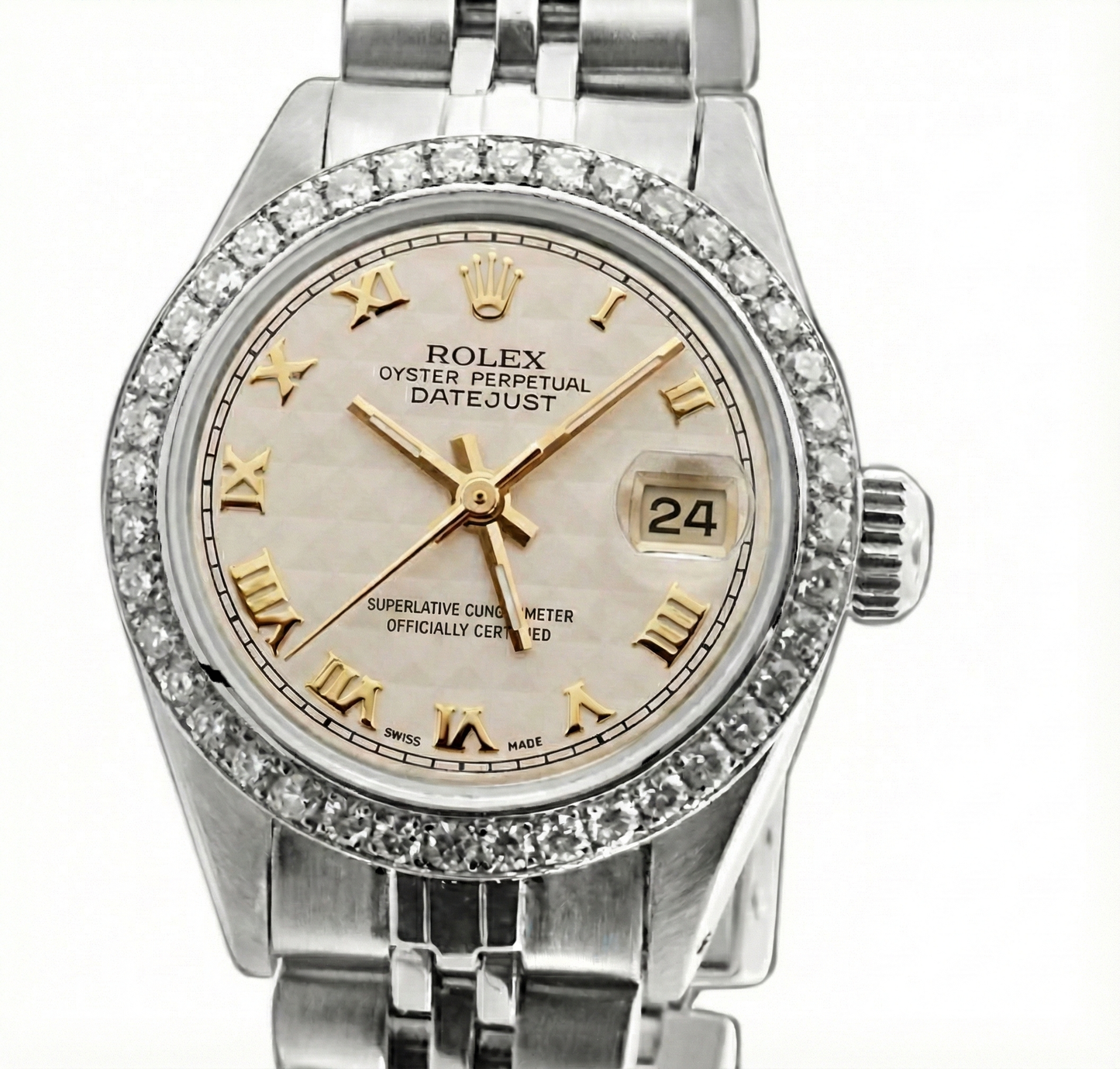 Orologio da donna Rolex con quadrante romano bianco e cinturino in diamanti Datejust