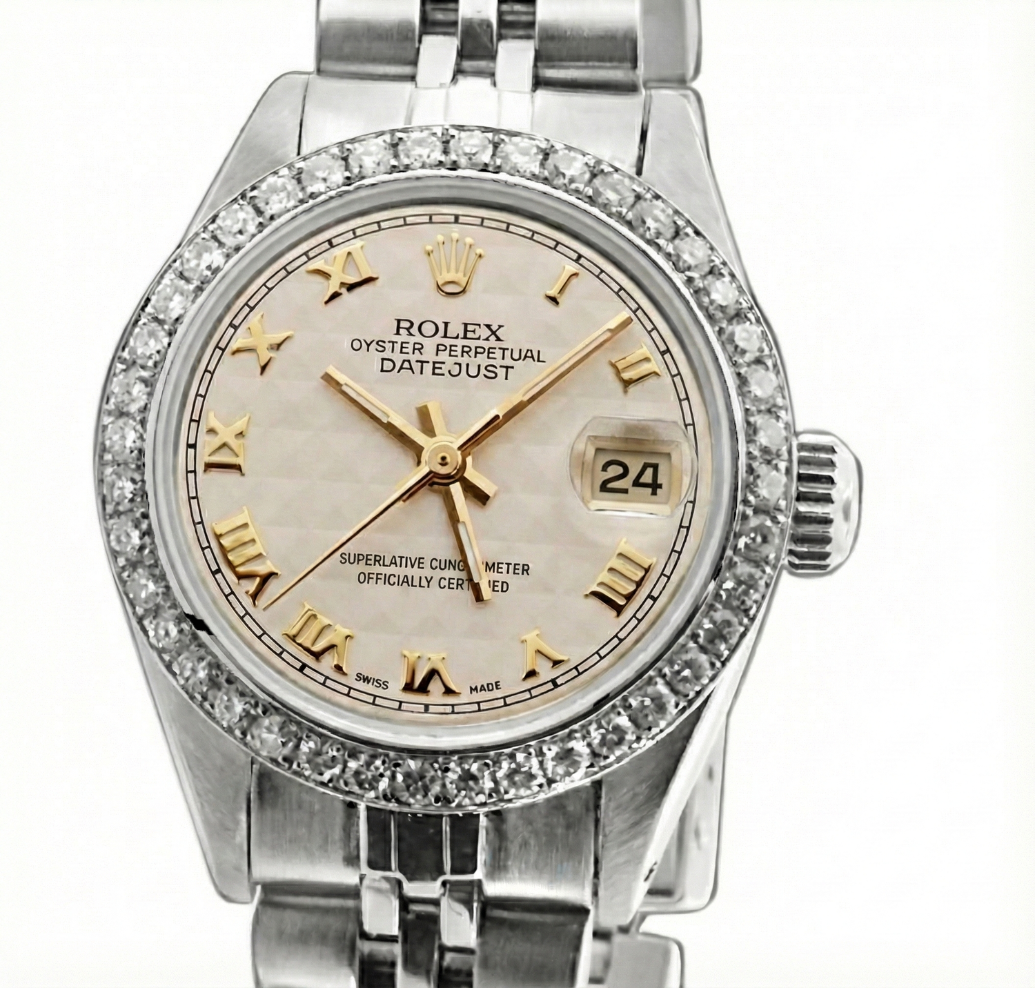 Orologio da donna Rolex con quadrante romano bianco e cinturino in diamanti Datejust