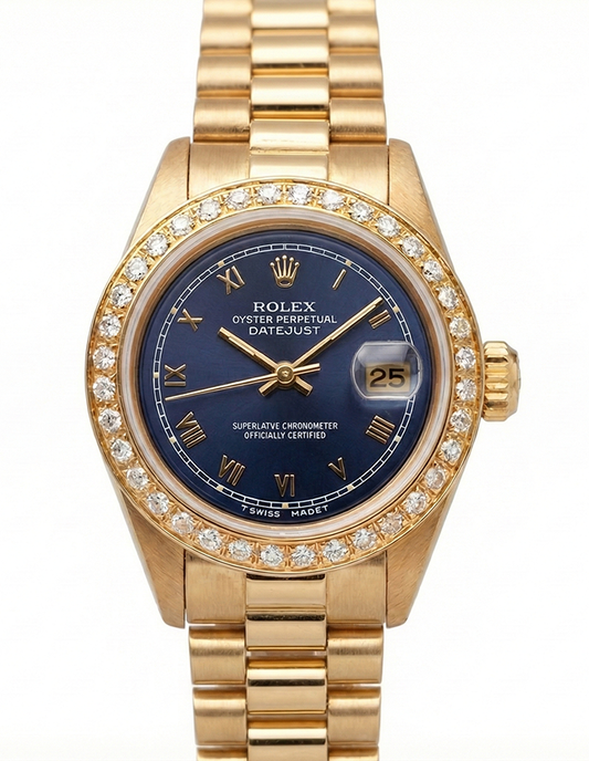 Orologio da donna Rolex in stile presidenziale giallo oro Datejust quadrante blu romano