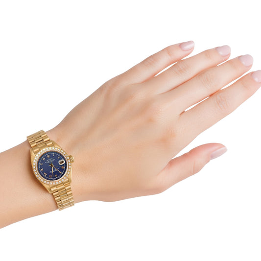 Orologio da donna Rolex in stile presidenziale giallo oro Datejust quadrante blu romano P2