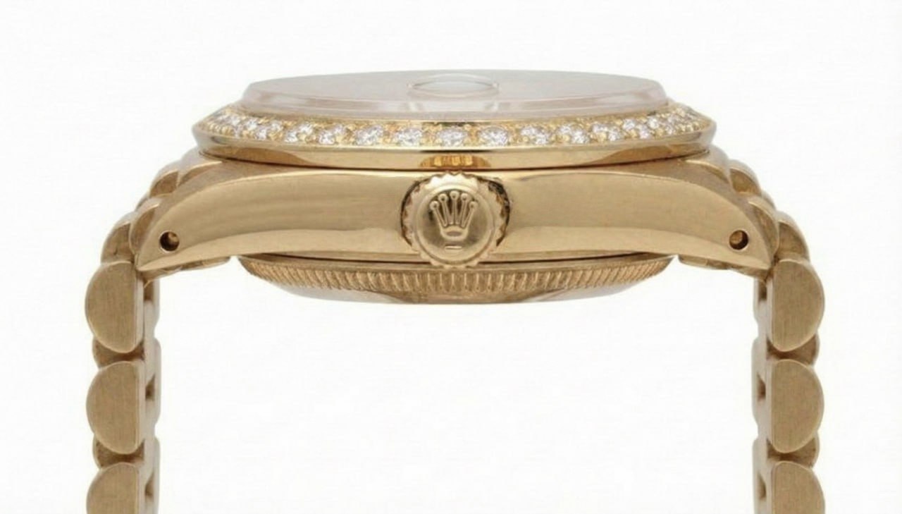 Orologio da donna Rolex stile presidenziale con quadrante in diamanti e corda blu in oro giallo