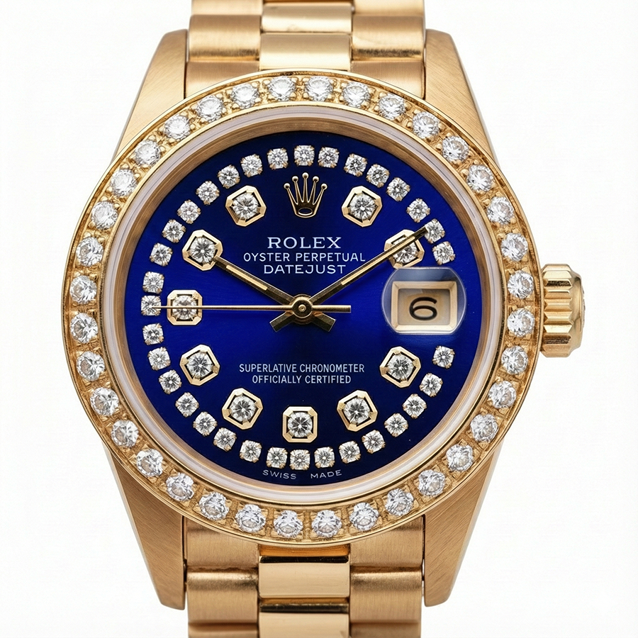 Orologio da donna Rolex stile presidenziale con quadrante in diamanti e corda blu in oro giallo