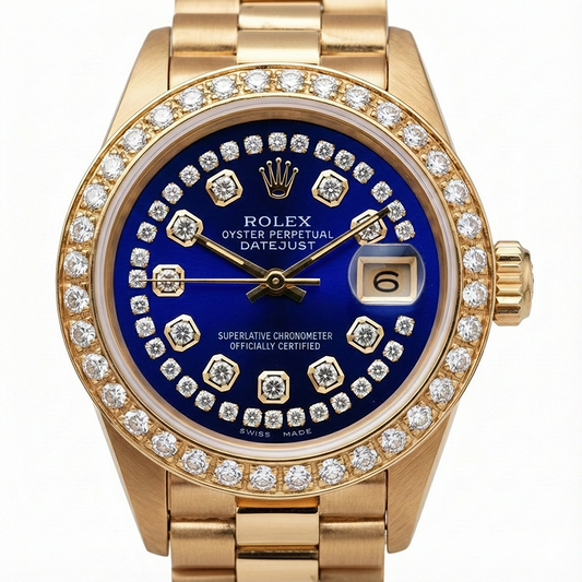 Orologio da donna Rolex stile presidenziale con quadrante in diamanti e corda blu in oro giallo
